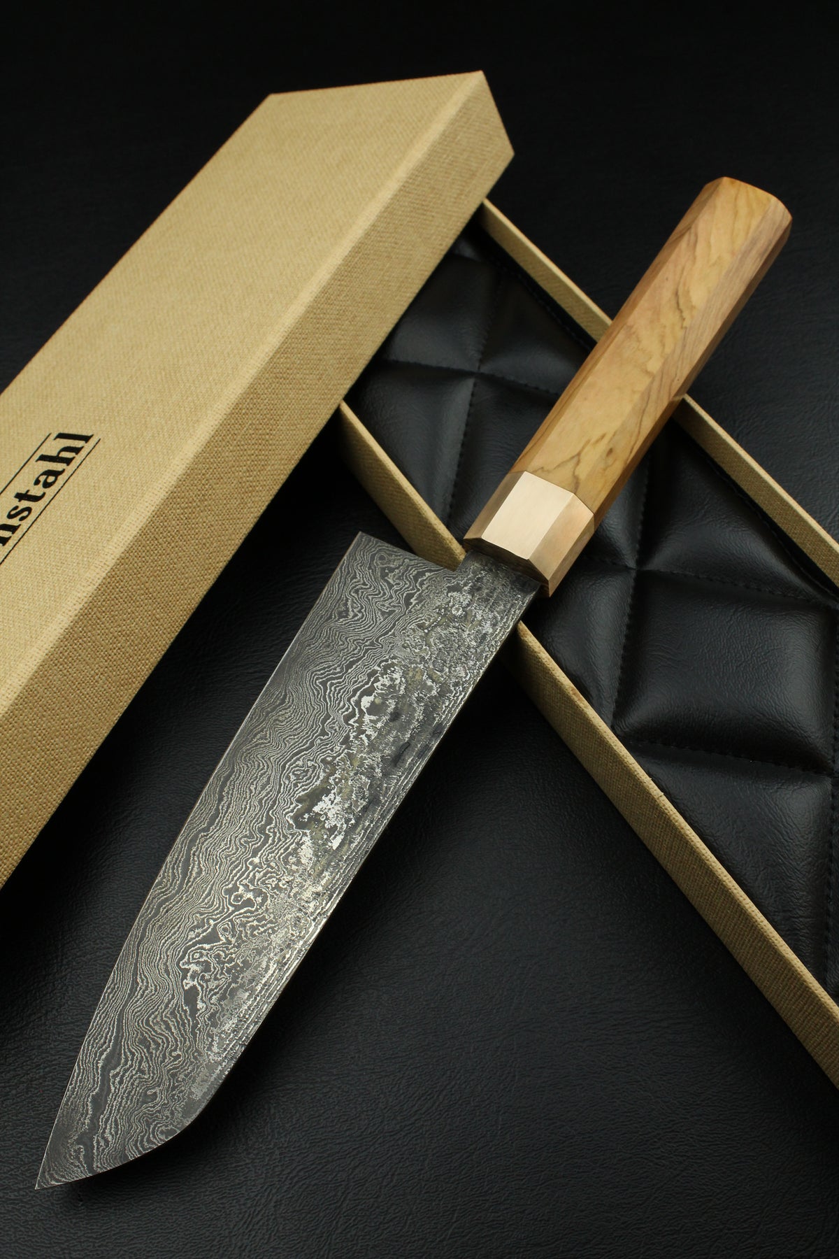 Damast-Santoku 320L Olive Achteck